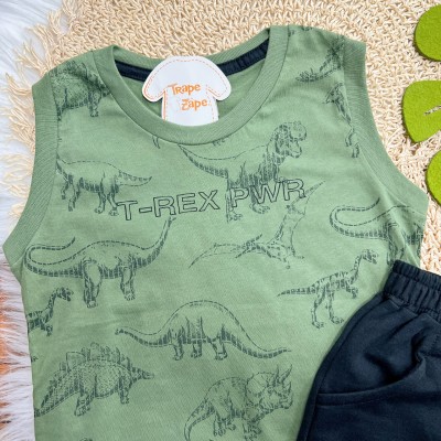 Conj. Regata T-Rex Pwr e Bermuda em Moletinho - Verde Musgo e Preto